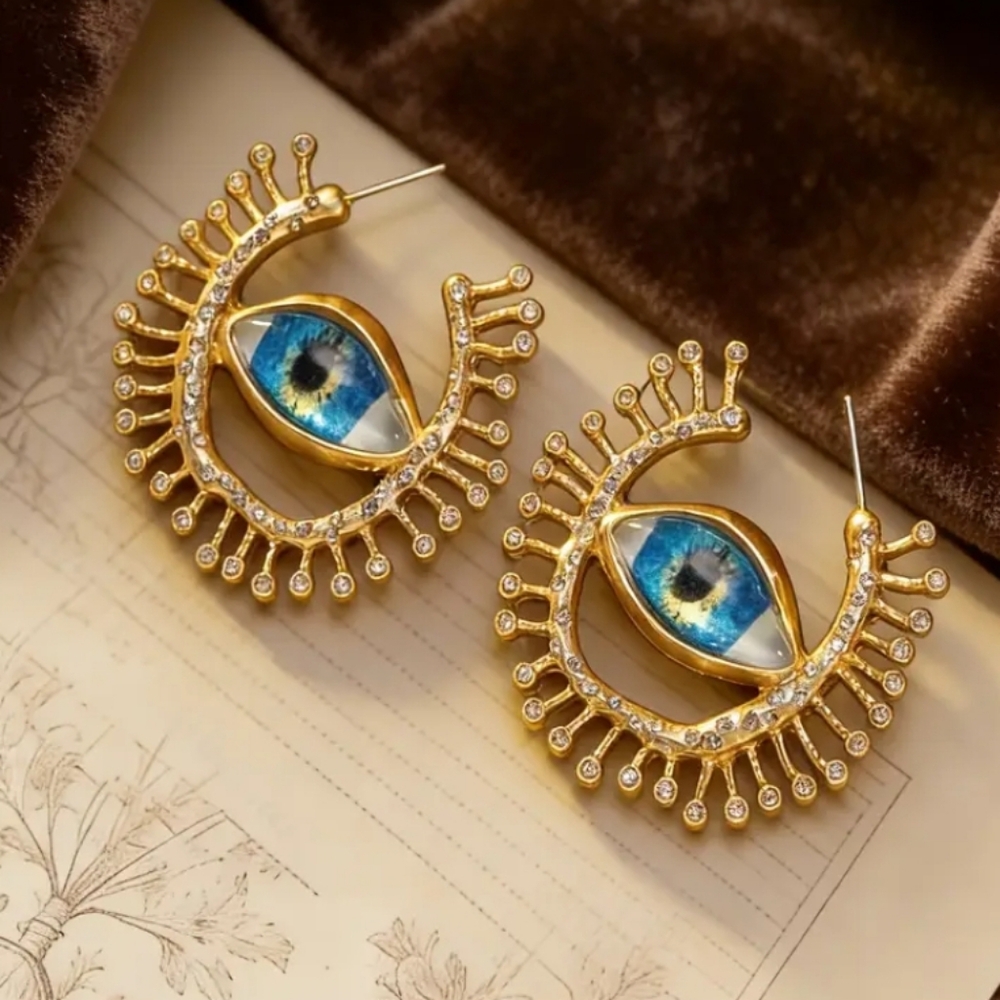 🆕️ Schiaparelli Genuine Gold and Blue Eye Motif Earrings NWOT - Picture 5 of 13